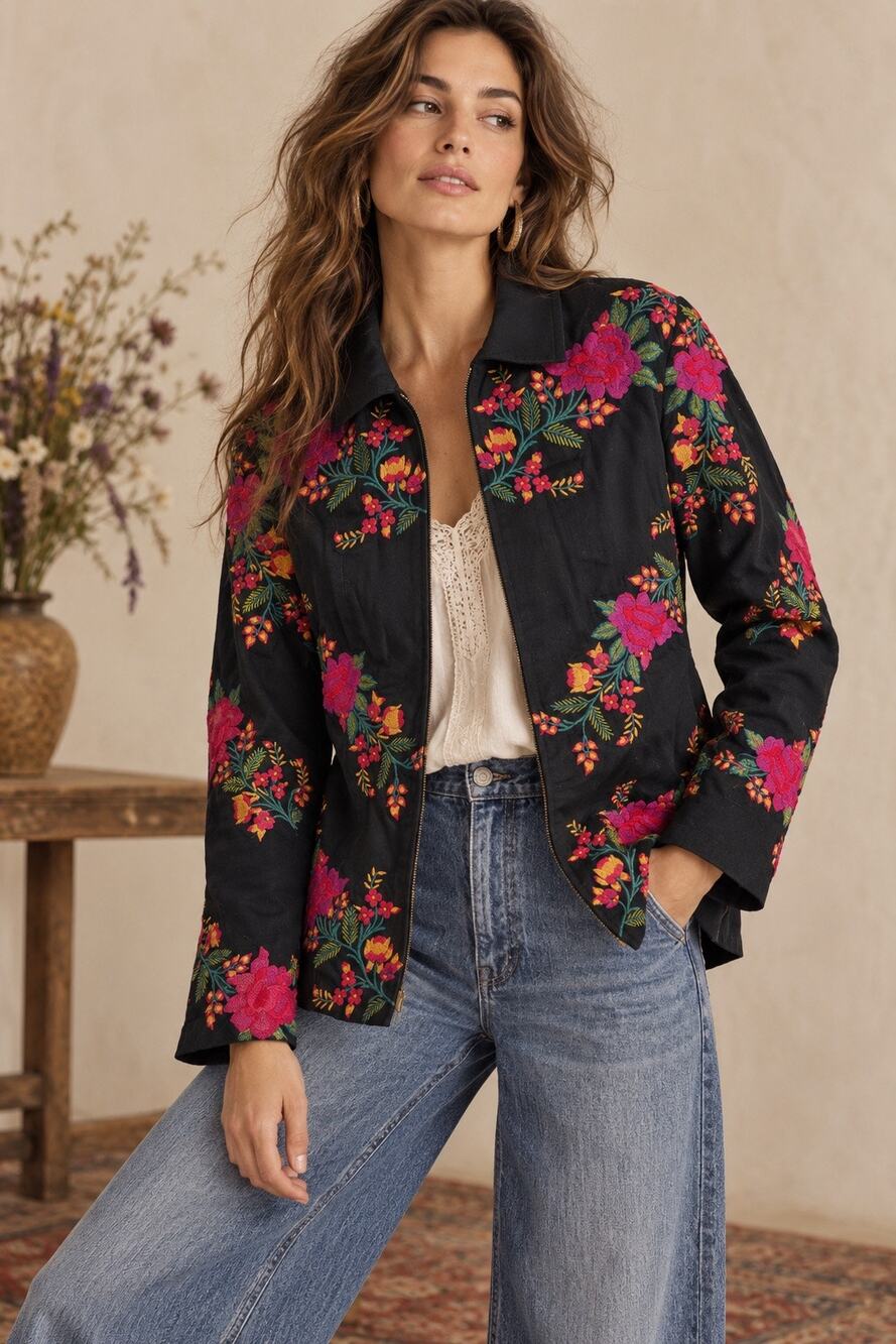 Coldwater Creek Embroidered Floral Jacket 12 Boho Western Folk Cottagecore Artsy
